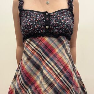 whimsical rainbow / multicolour plaid and floral patterned button up dress